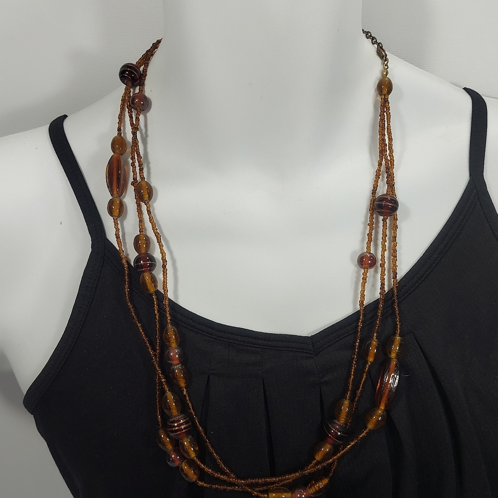 Vintage Handmade Amber Coloured Glass Bead Multi Strand Necklace
